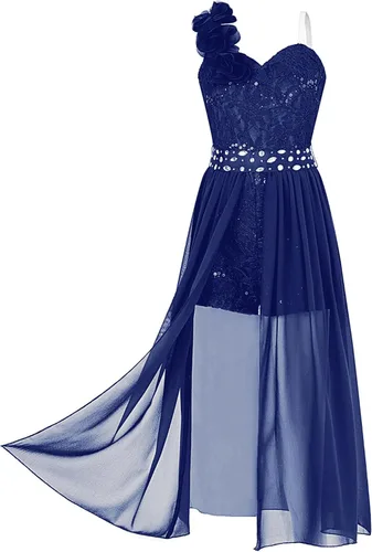 Vista 2 de Vestido de mameluco para niña de flores, vestido de dama de honor de princesa con vuelo de un hombro