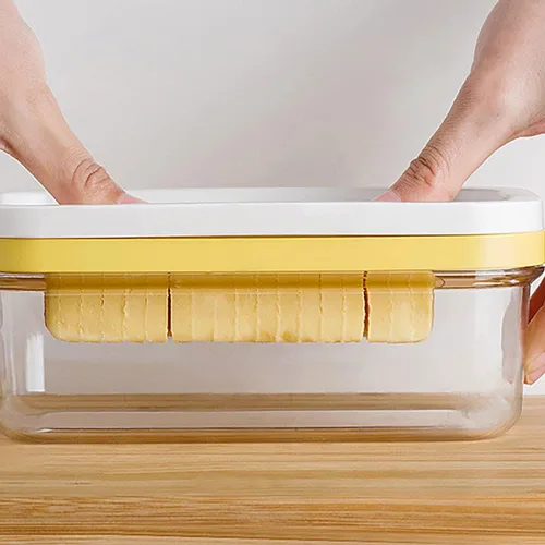Vista 3 de Caja cortadora de mantequilla, plato de mantequilla de plástico con tapa, cortador de mantequilla de acero inoxidable, recipiente rectangular