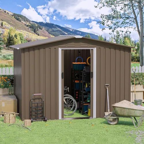Vista 9 de Cobertizo de almacenamiento para exteriores de 8 x 6 pies con piso, cobertizo de herramientas de metal impermeable con puerta cerrada con puerta