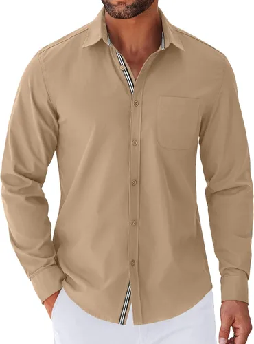 Vista 24 de COOFANDY Camisa para hombre de manga larga casual con botones, camisas sin doblar para hombre de ajuste regular