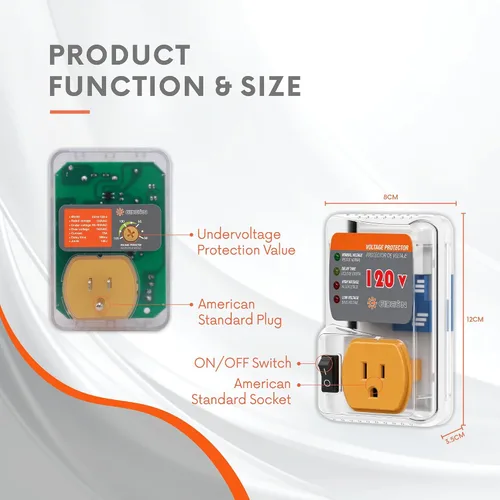 Vista 4 de Protector contra sobretensiones para refrigerador, enchufe de pared ajustable, protector de voltaje para electrodomésticos del hogar, caída