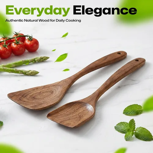 Vista 7 de AIUHI Juego de espátulas de madera de teca de 2 piezas, espátulas de cocina de madera para voltear, freír y servir, utensilios de cocina de madera