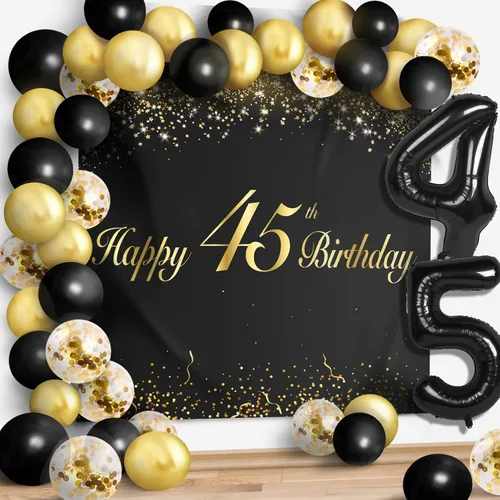 Vista 10 de Globos de Feliz 10 Cumpleaños Negros Set Decor - Saludos a la Fiesta de 10 Años de Edad, Guirnalda, Bandera, Telón de Fondo, Decoraciones