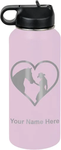 Vista 26 de LaserGram Botella de agua personalizada, corazón de vaquera de caballo, acero inoxidable de doble pared aislada al vacío con popote superior, regalo