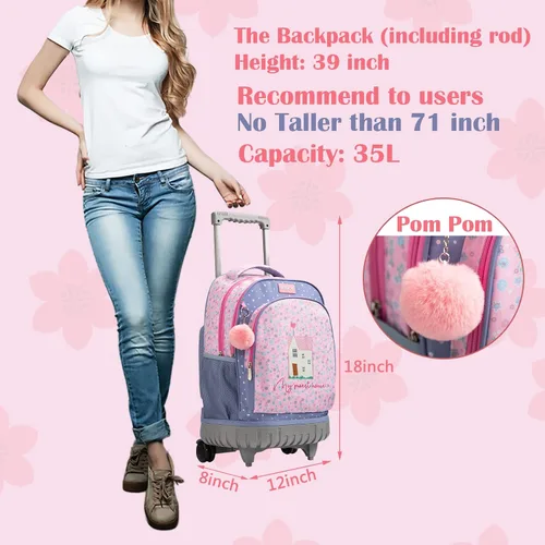 Vista 2 de SKYMOVE Mochila con ruedas de doble asa con múltiples compartimentos de 18 pulgadas para niñas, viaje de negocios, rosa (pink house), Moderno