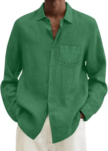 Vista 14 de Camisa de algodón y lino para hombre, talla grande, ajuste holgado, manga larga, cuello abatible, casual, tops de verano