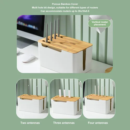 Vista 4 de Caja de almacenamiento de enrutador, regleta de alimentación y organizador de cables, estante de enrutador de madera, cubierta de enrutador