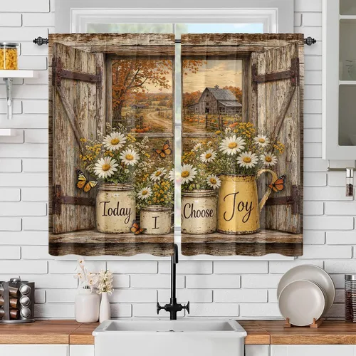 Vista 22 de Cortinas de ventana de cosecha de otoño, marco de madera rústica, cortinas florales de pacas de heno y calabaza, cenefa de cocina de Acción