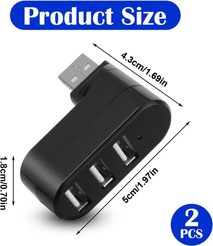 Vista 3 de Paquete de 2 concentradores USB de 3 puertos [rotación de 90°/180° grados] Divisor USB, expansor USB, adaptador divisor USB multipuerto con 3