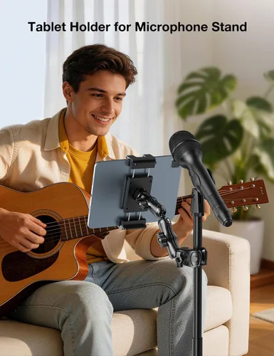 Vista 2 de PLDHPRO Soporte para iPad para Soporte de Micrófono, Soporte Ajustable de 2 Etapas Más Largo para Teléfono Tableta Música Micrófono, Montaje que se