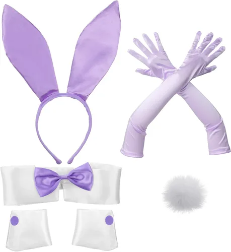 Vista 7 de Zhanmai Juego de accesorios de disfraz de conejo de Halloween para mujer Diadema de orejas de conejo rojo rosa, puños, cola y guantes, accesorio