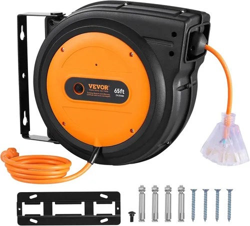 Vista 23 de VEVOR Carrete de cable de extensión retráctil, 30 pies, carrete de cable de alimentación retráctil resistente 16AWG/3C SJTOW con toma triple