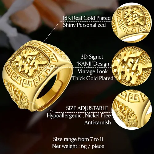 Vista 2 de Besteel Juego de 4 anillos chapados en oro para hombre, anillo Kanji RicSuerteBendición de la riqueza, juego de anillos de la suerte