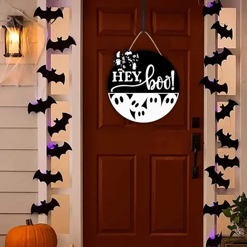 Vista 2 de Letrero de Puerta de Halloween Decoración de Fantasma - Hey Boo Decoración de Pared Espeluznante - Decoraciones Colgantes de Puerta Delantera