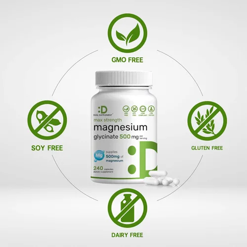 Vista 3 de Max Strength - Glicinato de magnesio de 500 mg por porción, 240 cápsulas 100% quelado para una fácil absorción Suplemento mineral esencial