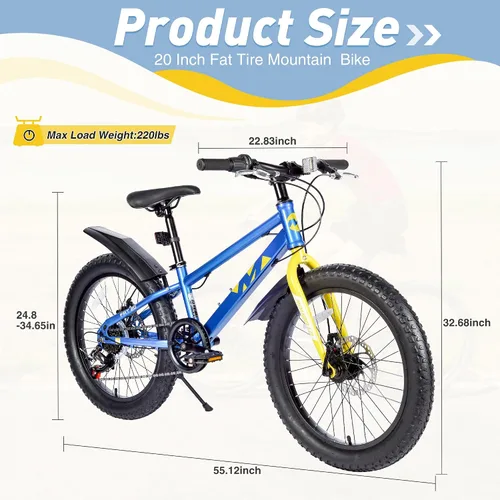 Vista 5 de Bicicleta de montaña de 20 pulgadas para niños y niñas a partir de 5 años, bicicleta Shimano de 7 velocidades con frenos de disco duales todo
