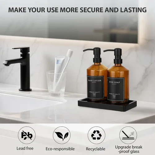 Vista 5 de Dispensador de jabón de vidrio ámbar, dispensadores de jabón de manos para baño con bomba de acero inoxidable, juego de dispensador de jabón