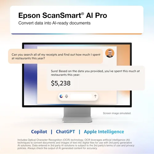 Vista 3 de Epson RapidReceipt RR-400W - Escáner de documentos y recibos de impuestos de 2 caras compacto inalámbrico a color con software de gestión de datos
