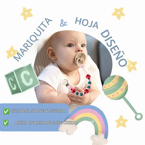Vista 3 de BIGSPINACH Paquete de 2 clips de chupete de silicona para bebés – Correa de una pieza de grado alimenticio con cordón y clip de acero inoxidable