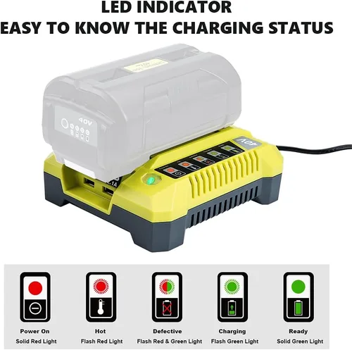 Vista 4 de Cargador de 40 V para batería Ryobi, cargador de batería de iones de litio Hipoke OP4015 OP4026 OP4026A OP4030 OP4040 OP4050 OP4050A OP4060 OP40261