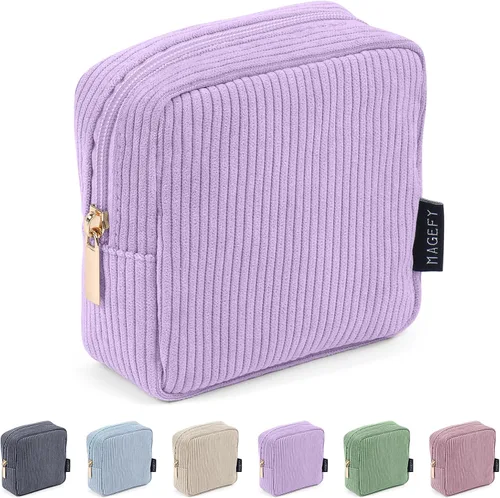 Vista 16 de MAGEFY Pequeña bolsa de maquillaje para bolso, mini bolsa de cosméticos de pana, linda bolsa cosmética para mujeres con bolsillos deslizantes