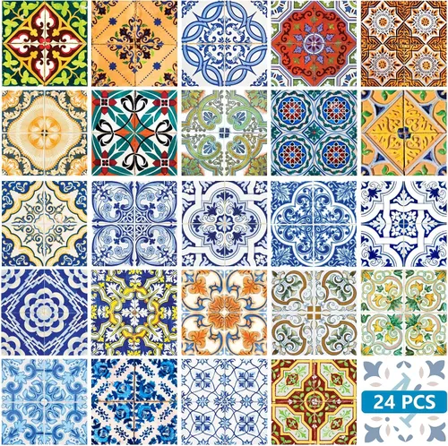 Vista 14 de Juego de 24 calcomanías para azulejos de salpicaduras en muro, azulejos tradicionales de Talavera, calcomanías para azulejos de baño y cocina