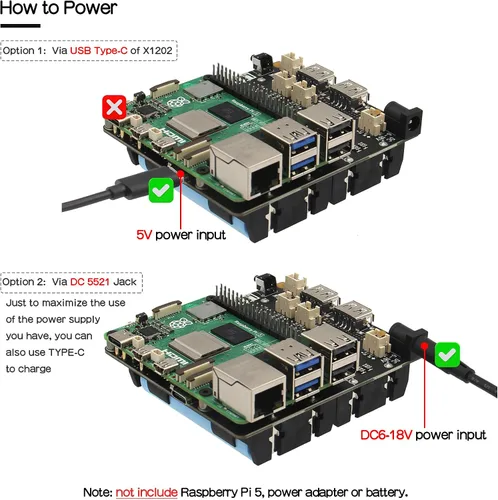 Vista 4 de Geekworm X1202 - Placa de expansión UPS de 5 V para Raspberry Pi 5, entrada ancha de 6-18 V Max 5.1V 5A Output, Power Management, Auto Power On