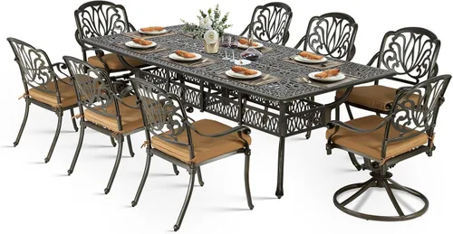 Vista 12 de VIVIJASON Juego de comedor al aire libre de 9 piezas, juego de mesa y sillas de patio de aluminio fundido para 8, incluye mesa rectangular de 94.5