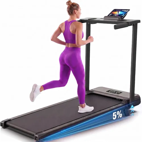 Vista 9 de ANCHEER Caminadora con escritorio, caminadora plegable de 3.5 HP con 15% de inclinación y barra de mango, ultra silenciosa, capacidad de 450 libras