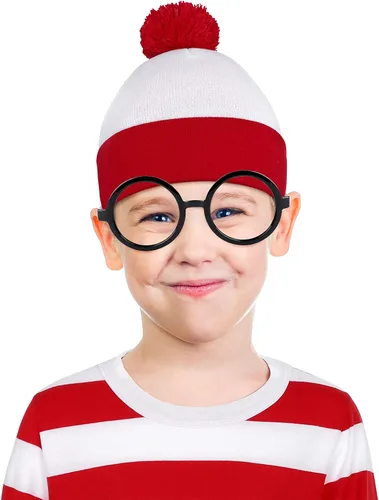 Vista 4 de URATOT Conjunto de disfraz de Halloween para niños, camiseta a rayas rojas y blancas, gorro, gafas de nerd