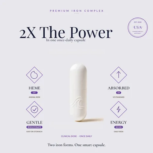 Vista 2 de Natural Flow 2X Complejo de Hierro, 28 mg, 60 Cápsulas Hemo de doble fuente + bisglicinato ferroso con metilfolato, B12, B6, vitamina C y cobre