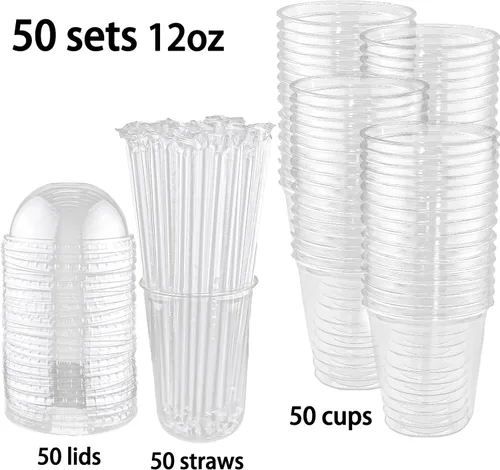 Vista 9 de Qsqwsuye Juego de 50 vasos desechables de plástico transparente de 12 onzas con tapas de cúpula y pajitas, vasos de plástico duraderos para fiestas