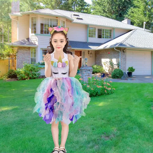 Vista 5 de Wish Care Disfraz de unicornio para niñas de 3 a 10 años, vestido de tutú de unicornio con lentejuelas y arco iris, disfraz de fiesta de cumpleaños