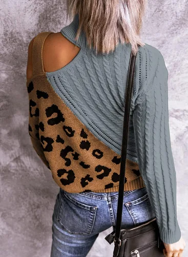 Vista 4 de Happy Sailed Suéteres de punto para mujer con hombros descubiertos, cuello alto, manga larga, de gran tamaño, tallas S-2XL