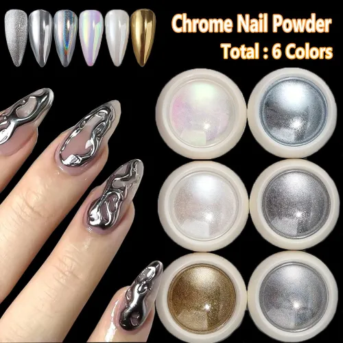 Vista 2 de Kit de polvo de uñas cromado con dijes de perlas de parte trasera plana, brillo de uñas cromado plateado, polvo de uñas cromado dorado para diseño