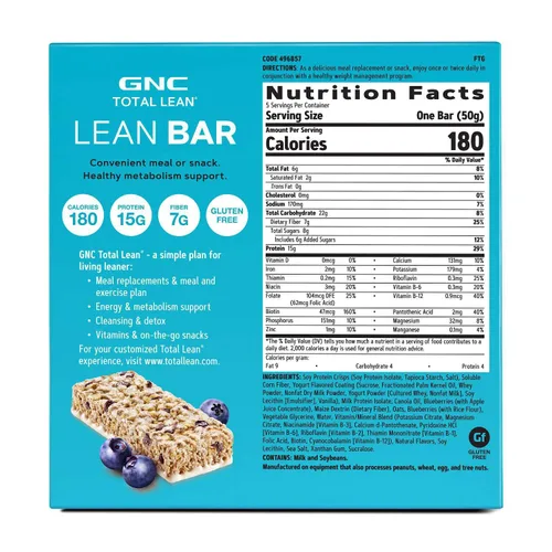 Vista 2 de GNC Total Lean Bar Barra de comida con alto contenido de proteínas y satisfying con hambre Yogur de arándanos 5 barras