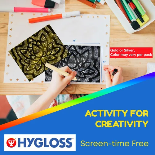 Vista 4 de Hygloss Juego de 100 hojas de arte para rascar, 4 x 6 pulgadas, negro mate, juego de arte para niños, incluye 100 papeles holográficos plateados u