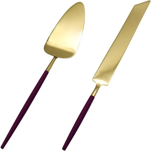 Vista 10 de Koyal Wholesale Juego de cuchillo y servidor para pastel de boda burdeos, cortador de pasteles y servidor con mango dorado para novia y novio, juego