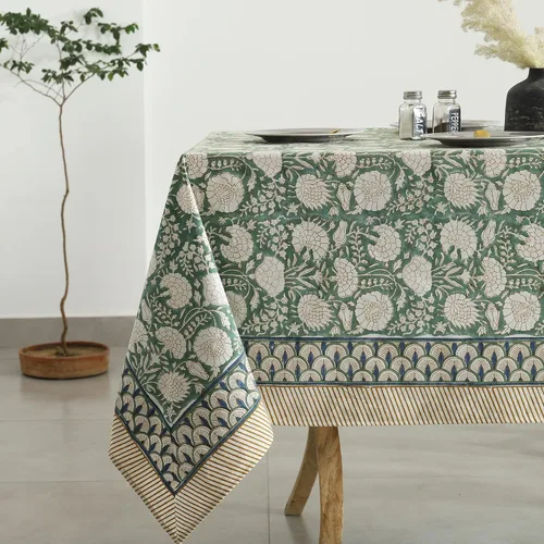 Vista 3 de Labhanshi Mantel redondo de 108 pulgadas con estampado de bloques de mano indio, 108 pulgadas, 10 plazas y rectangular, 60 x 90 pulgadas, mantel