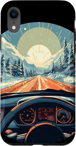 Vista 8 de iPhone 14 divertido operador de coche con puesta de sol y volante en caso de invierno