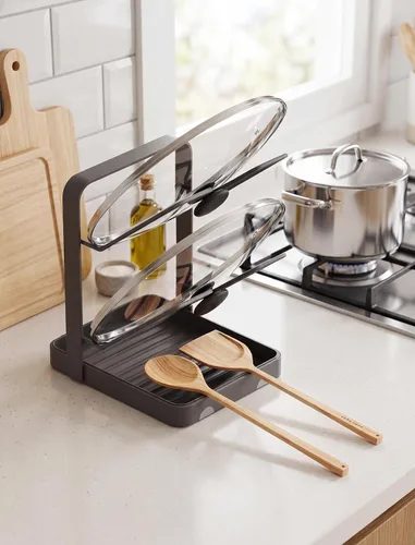 Vista 4 de NiHome Soporte para tapa de olla y soporte para cuchara con bandeja de goteo extraíble, organizador de encimera de cocina de hierro negro