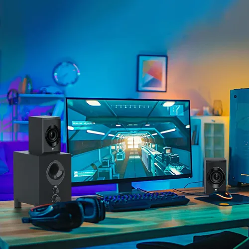 Vista 7 de Altavoces Bluetooth para computadora OROW, altavoz de PC con subwoofer, altavoces inalámbricos de 18W con perilla frontal, compatibles con AUX