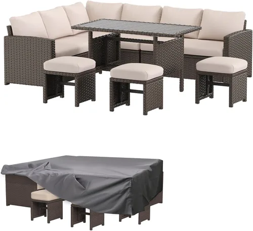 Vista 10 de AECOJOY Juego de muebles de patio al aire libre, 7 piezas de mesa de comedor y sillas seccionales de ratán, sofá de conversación de mimbre para todo