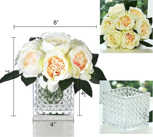 Vista 2 de Centros de Mesa de Flores de Peonía de Seda Artificial Arreglo Floral Falso en Florero de Vidrio para Decoración de Mesa de Boda en Casa (Champán)