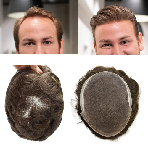 Vista 12 de Tupé de encaje suizo para hombres, piezas de cabello humano real, encaje frontal, sistema de reemplazo de cabello tipo tupé, nudo blanqueado, línea