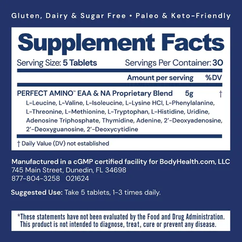 Vista 2 de BodyHealth PerfectAmino Tablets (1 unidad), los 8 aminoácidos esenciales con BCAA + lisina, fenilalanina, treonina, metionina, triptófano