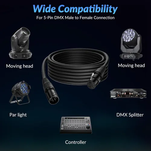 Vista 7 de Cable DMX de 5 pines de 4 pies (paquete de 2), DMX512 XLR de 5 pines macho a hembra, señal premium para iluminación de escenario, controlador