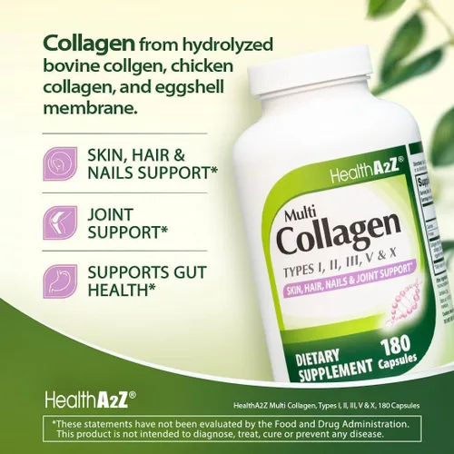 Vista 5 de HealthA2Z Multi Colágeno Píldoras 1735mg, 180 Cápsulas (60 porciones) Tipos I, II, III, V y X, Piel sana, Cabello, Uñas y Apoyo Articular
