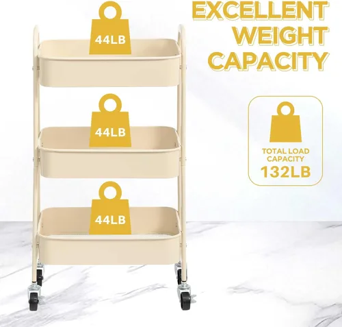 Vista 5 de AGTEK Carrito de maquillaje, Carrito organizador móvil rodante,Carrito utilitario de metal de 3 niveles, Beige