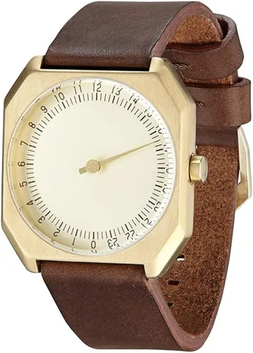 Vista 3 de slow Jo 18 - Reloj suizo de 24 horas con una sola mano - Oro con correa de piel marrón oscuro